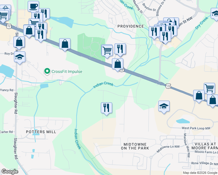 map of restaurants, bars, coffee shops, grocery stores, and more near 276 Springhill Road Northwest in Huntsville