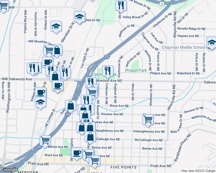 map of restaurants, bars, coffee shops, grocery stores, and more near 703 Oakwood Avenue Northeast in Huntsville