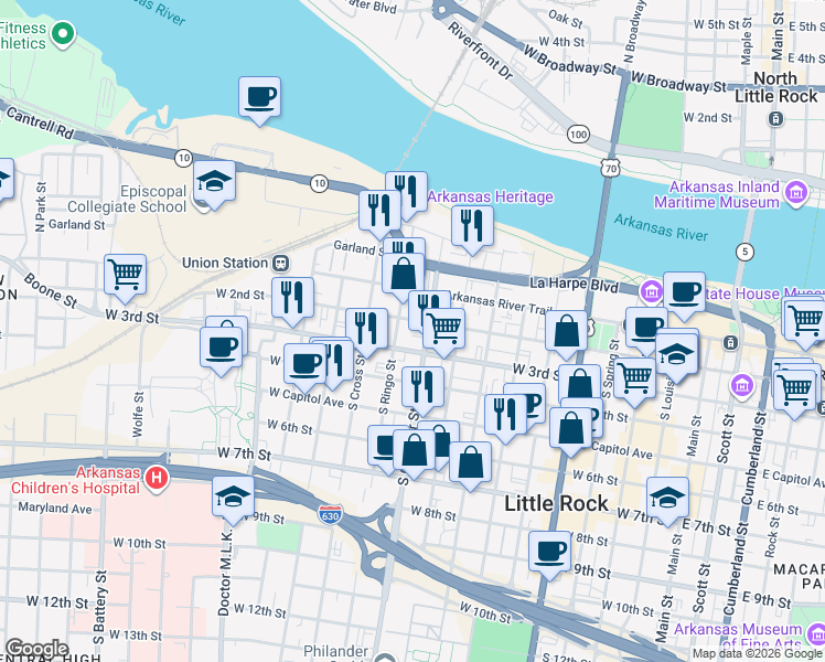 map of restaurants, bars, coffee shops, grocery stores, and more near in Little Rock