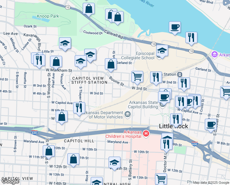 map of restaurants, bars, coffee shops, grocery stores, and more near 217 South Park Street in Little Rock