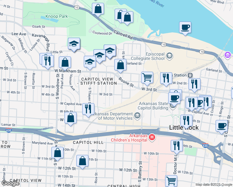 map of restaurants, bars, coffee shops, grocery stores, and more near 204 Barton Street in Little Rock