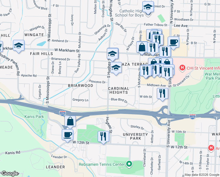 map of restaurants, bars, coffee shops, grocery stores, and more near 500 South Hughes Street in Little Rock