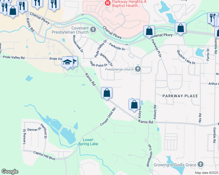 map of restaurants, bars, coffee shops, grocery stores, and more near 38 Summit Ridge Drive in Little Rock