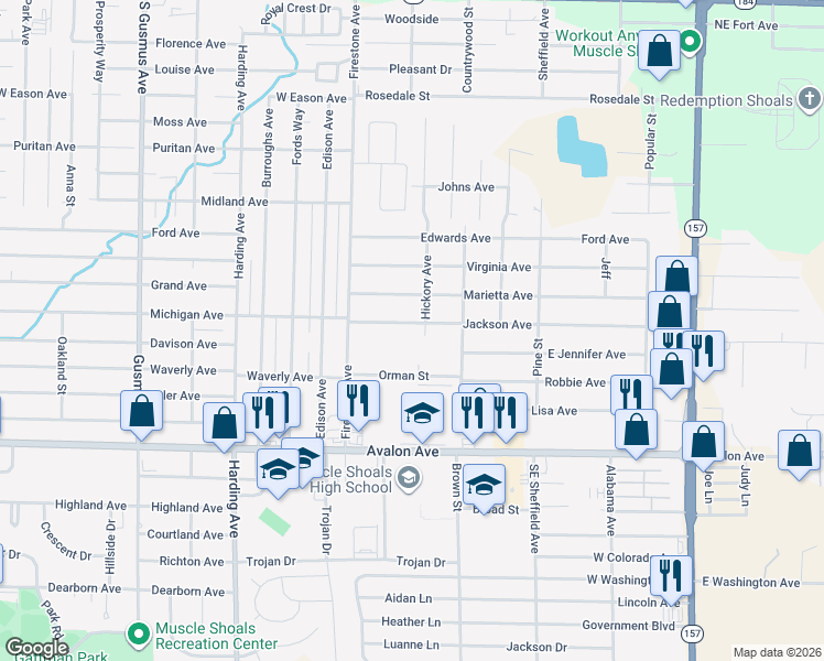 map of restaurants, bars, coffee shops, grocery stores, and more near Jackson Avenue in Muscle Shoals