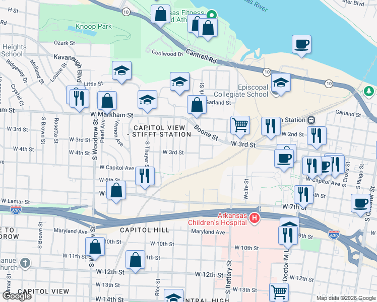 map of restaurants, bars, coffee shops, grocery stores, and more near 219 Barton Street in Little Rock