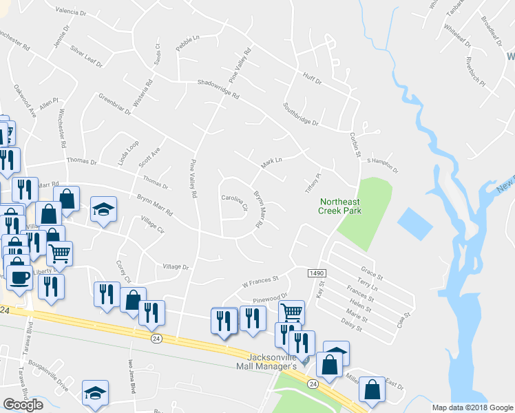 map of restaurants, bars, coffee shops, grocery stores, and more near 905 Brynn Marr Road in Jacksonville