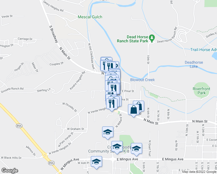 map of restaurants, bars, coffee shops, grocery stores, and more near 1015 N Cactus St in Cottonwood