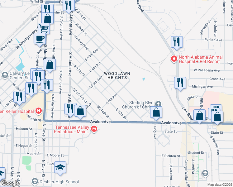map of restaurants, bars, coffee shops, grocery stores, and more near 601 Southeast 18th Street in Sheffield