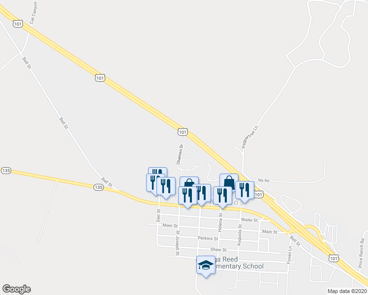 map of restaurants, bars, coffee shops, grocery stores, and more near 10 Chamiso Drive in Los Alamos