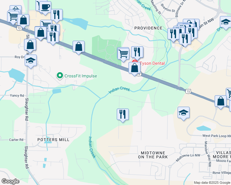 map of restaurants, bars, coffee shops, grocery stores, and more near 286 Springhill Road Northwest in Huntsville