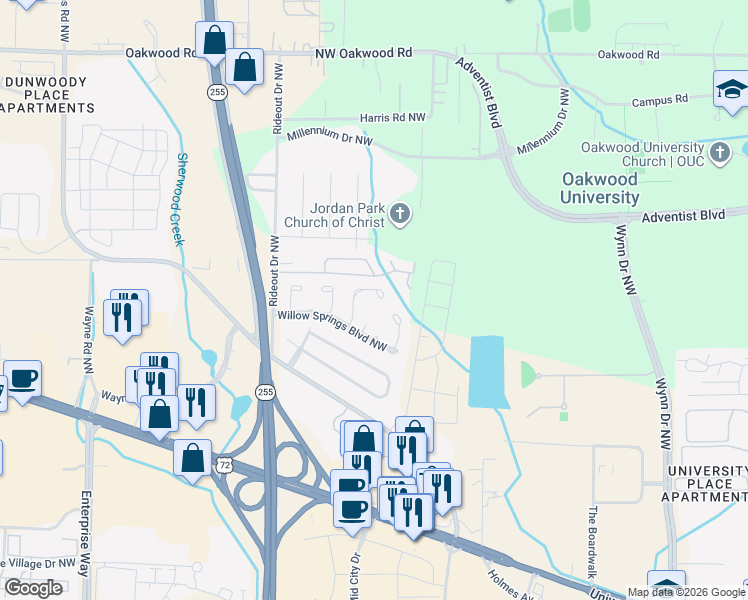 map of restaurants, bars, coffee shops, grocery stores, and more near 1814 Whisperwood Way Northwest in Huntsville