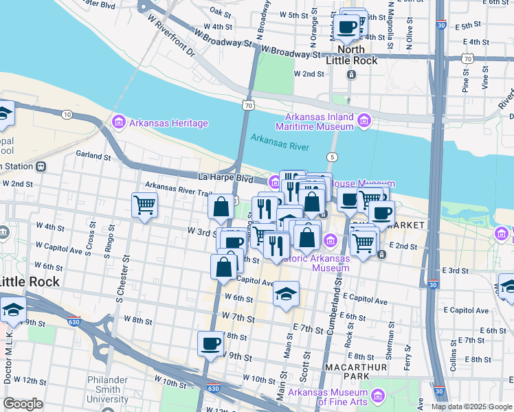 map of restaurants, bars, coffee shops, grocery stores, and more near 5 Statehouse Plaza in Little Rock