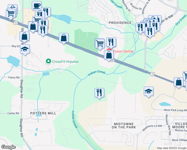 map of restaurants, bars, coffee shops, grocery stores, and more near 286 Springhill Road Northwest in Huntsville