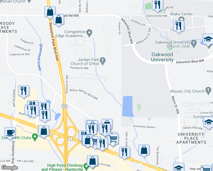 map of restaurants, bars, coffee shops, grocery stores, and more near 6646 Willow Pointe Drive Northwest in Huntsville