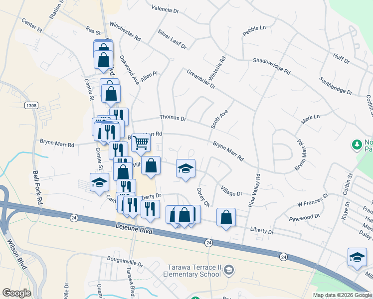 map of restaurants, bars, coffee shops, grocery stores, and more near 410 Brynn Marr Road in Jacksonville