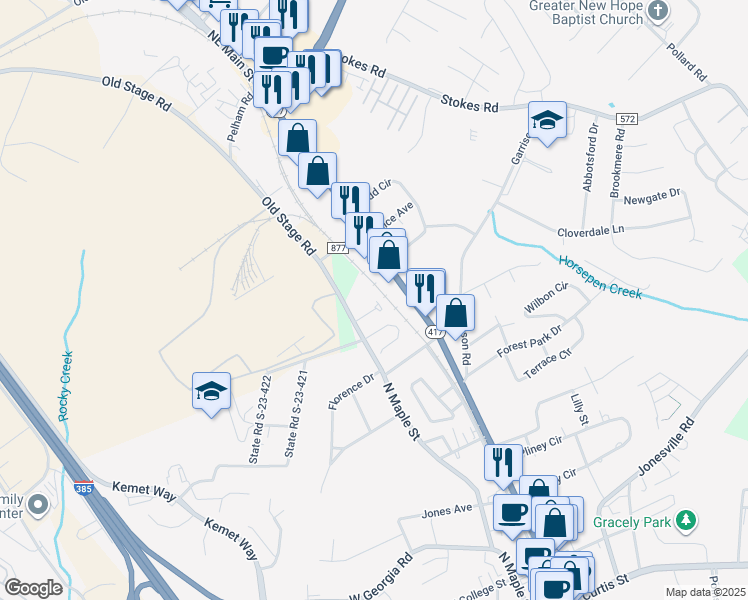map of restaurants, bars, coffee shops, grocery stores, and more near 710 Northeast Main Street in Simpsonville