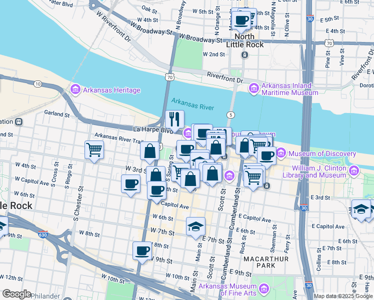 map of restaurants, bars, coffee shops, grocery stores, and more near 300 West Markham Street in Little Rock