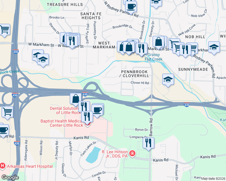 map of restaurants, bars, coffee shops, grocery stores, and more near 9215 Cloverhill Road in Little Rock