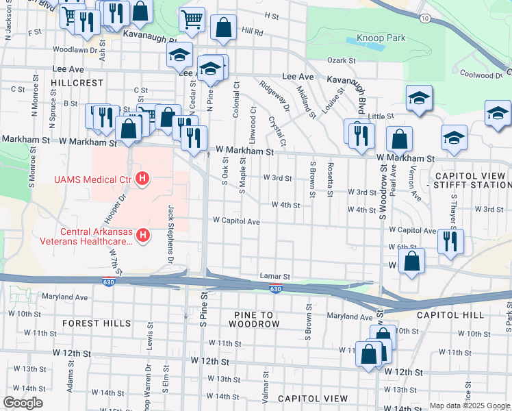 map of restaurants, bars, coffee shops, grocery stores, and more near 315 South Valentine Street in Little Rock