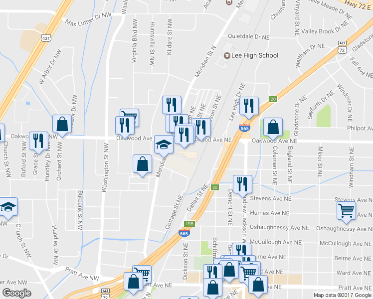 map of restaurants, bars, coffee shops, grocery stores, and more near 200 Oakwood Avenue Northeast in Huntsville
