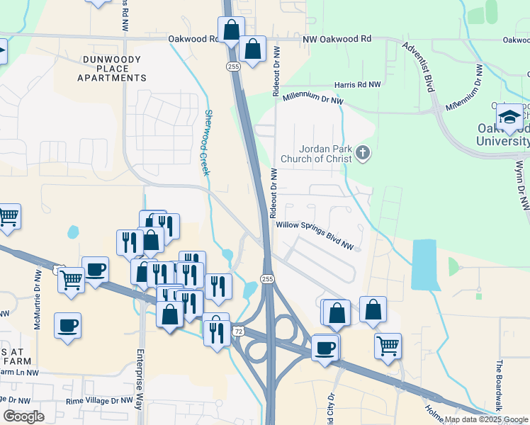 map of restaurants, bars, coffee shops, grocery stores, and more near Research Park Boulevard Northwest in Huntsville