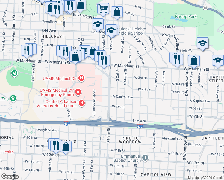 map of restaurants, bars, coffee shops, grocery stores, and more near 317 South Pine Street in Little Rock