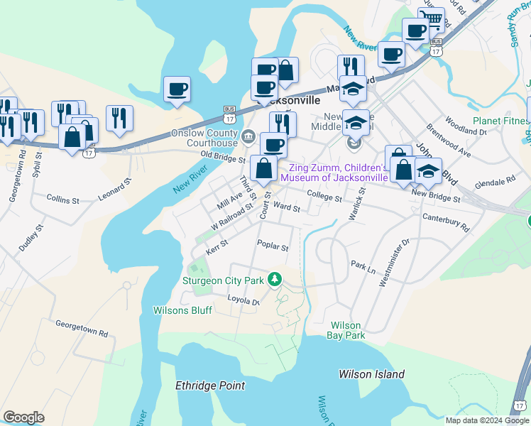 map of restaurants, bars, coffee shops, grocery stores, and more near 404 Ellerbe Court in Jacksonville