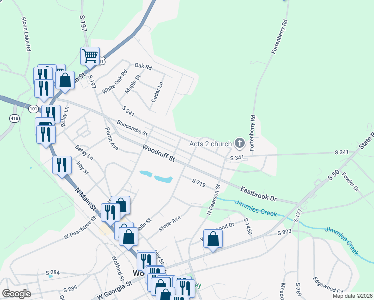 map of restaurants, bars, coffee shops, grocery stores, and more near 315 Poole Street in Woodruff