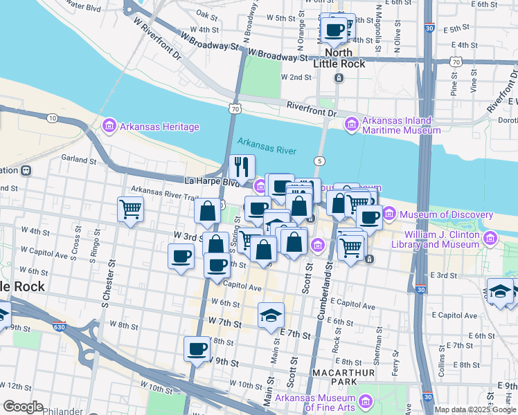 map of restaurants, bars, coffee shops, grocery stores, and more near 5 Statehouse Plaza in Little Rock