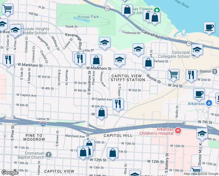 map of restaurants, bars, coffee shops, grocery stores, and more near 210 Fountain Avenue in Little Rock