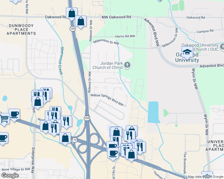 map of restaurants, bars, coffee shops, grocery stores, and more near 1810 Countryside Lane Northwest in Huntsville