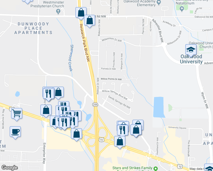 map of restaurants, bars, coffee shops, grocery stores, and more near 1810 Northwest Hollytree Drive in Huntsville
