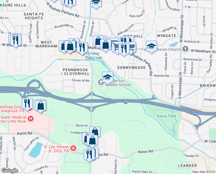 map of restaurants, bars, coffee shops, grocery stores, and more near 401 John Barrow Road in Little Rock