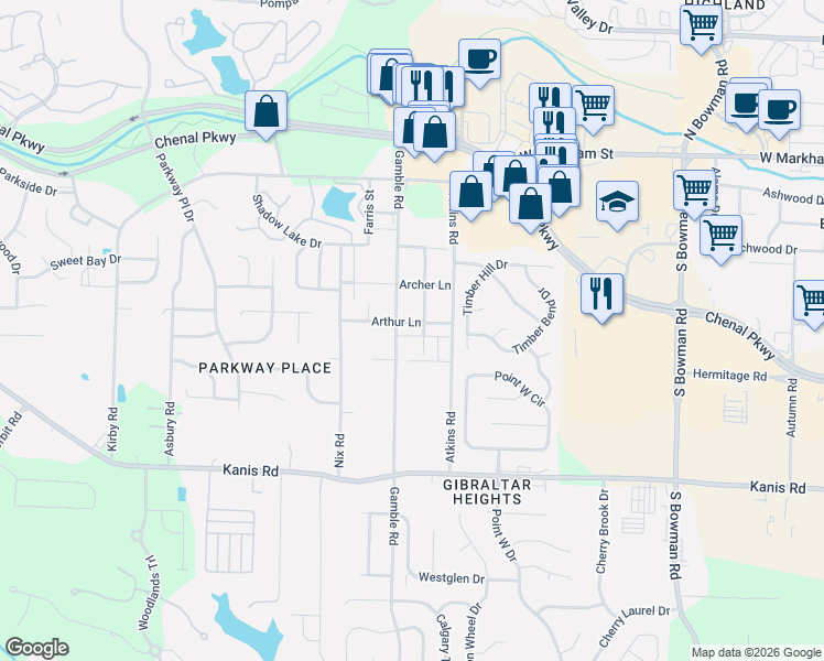 map of restaurants, bars, coffee shops, grocery stores, and more near 515 Gamble Road in Little Rock