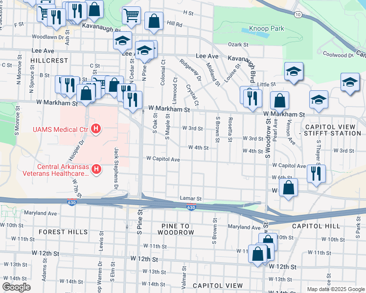 map of restaurants, bars, coffee shops, grocery stores, and more near 3523 West 4th Street in Little Rock