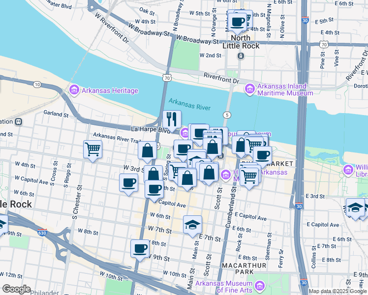 map of restaurants, bars, coffee shops, grocery stores, and more near 300 West Markham Street in Little Rock