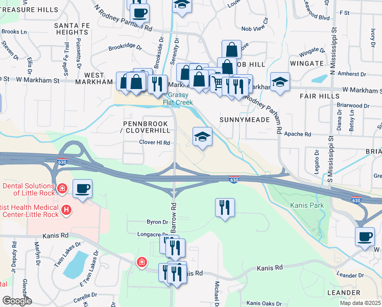 map of restaurants, bars, coffee shops, grocery stores, and more near 401 John Barrow Road in Little Rock