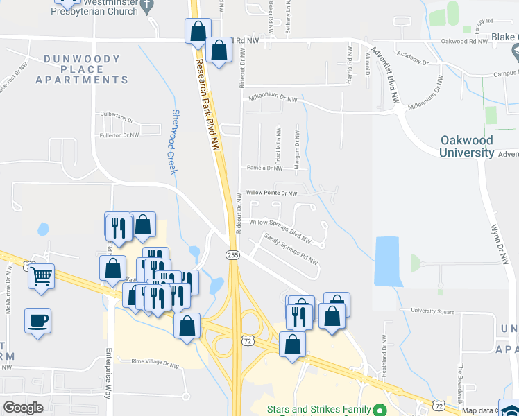 map of restaurants, bars, coffee shops, grocery stores, and more near 1806 Hollytree Drive Northwest in Huntsville