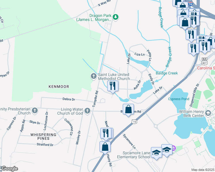 map of restaurants, bars, coffee shops, grocery stores, and more near Farmfield Circle in Laurinburg