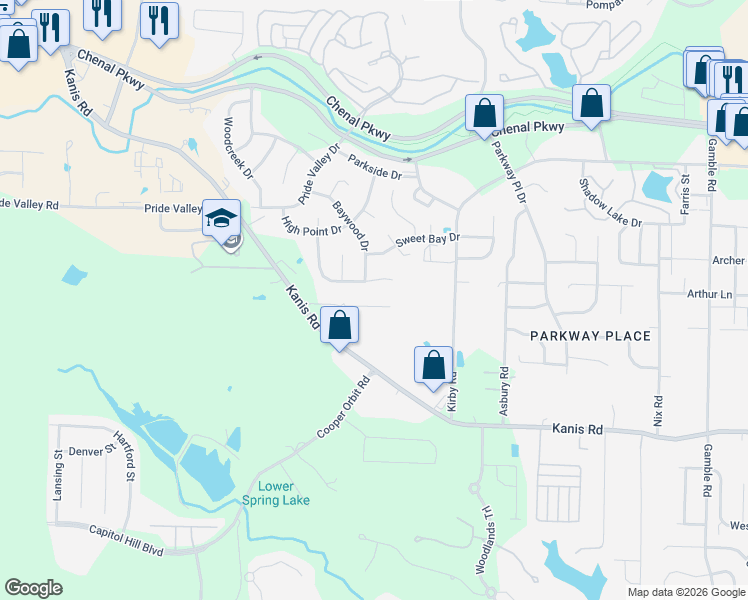 map of restaurants, bars, coffee shops, grocery stores, and more near 38 Summit Ridge Drive in Little Rock