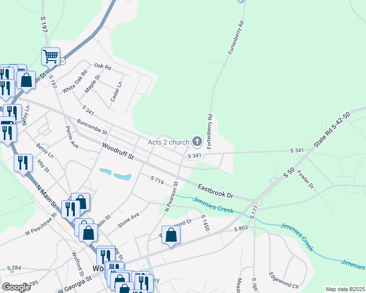 map of restaurants, bars, coffee shops, grocery stores, and more near 212 Park Street in Woodruff