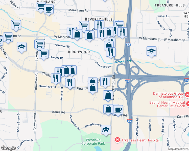 map of restaurants, bars, coffee shops, grocery stores, and more near 10900 Financial Centre Parkway in Little Rock