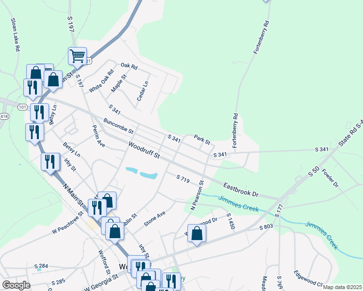 map of restaurants, bars, coffee shops, grocery stores, and more near 315 Poole Street in Woodruff