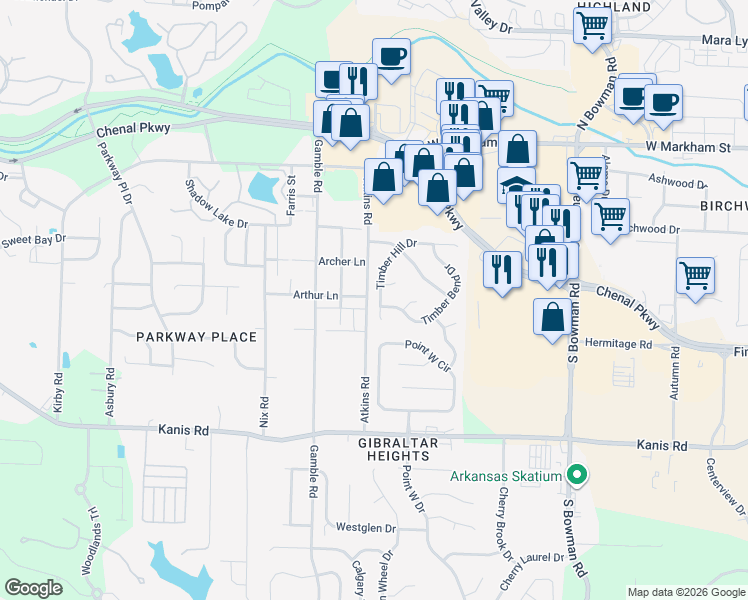 map of restaurants, bars, coffee shops, grocery stores, and more near 601 Timber Hill Drive in Little Rock