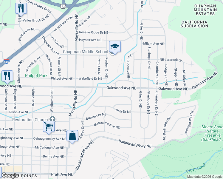 map of restaurants, bars, coffee shops, grocery stores, and more near 1809 Oakwood Avenue Northeast in Huntsville