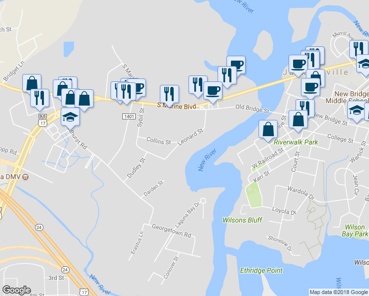 map of restaurants, bars, coffee shops, grocery stores, and more near 121 Darden Street in Jacksonville