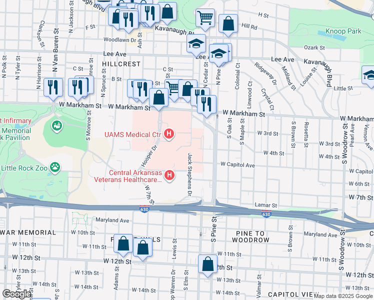 map of restaurants, bars, coffee shops, grocery stores, and more near 4018 West Capitol Avenue in Little Rock