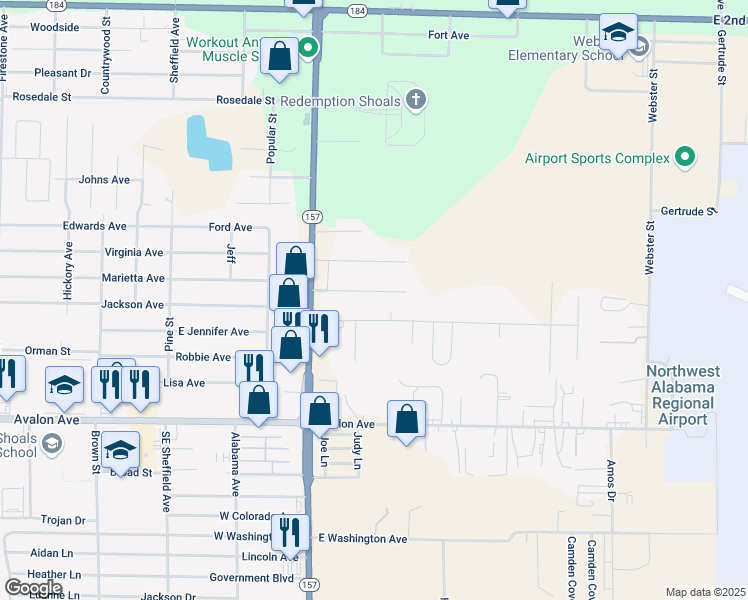 map of restaurants, bars, coffee shops, grocery stores, and more near 137-299 Francis Avenue in Muscle Shoals