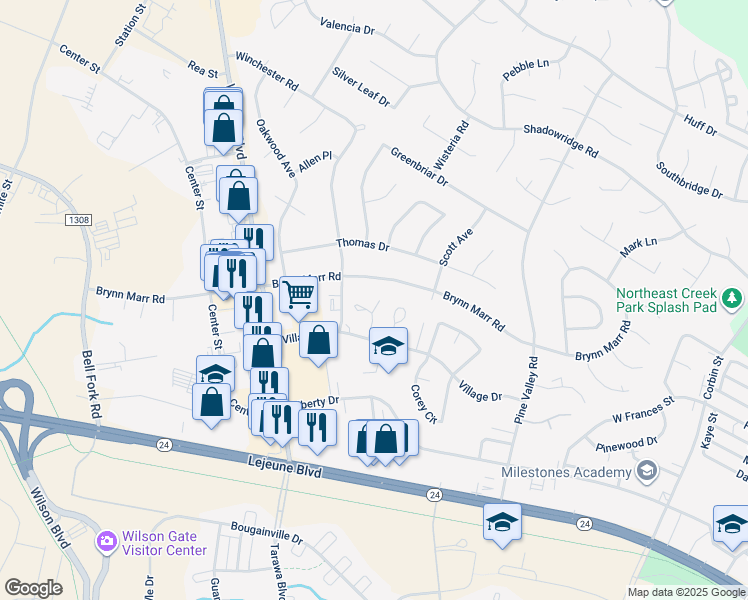 map of restaurants, bars, coffee shops, grocery stores, and more near 165 King George Court in Jacksonville