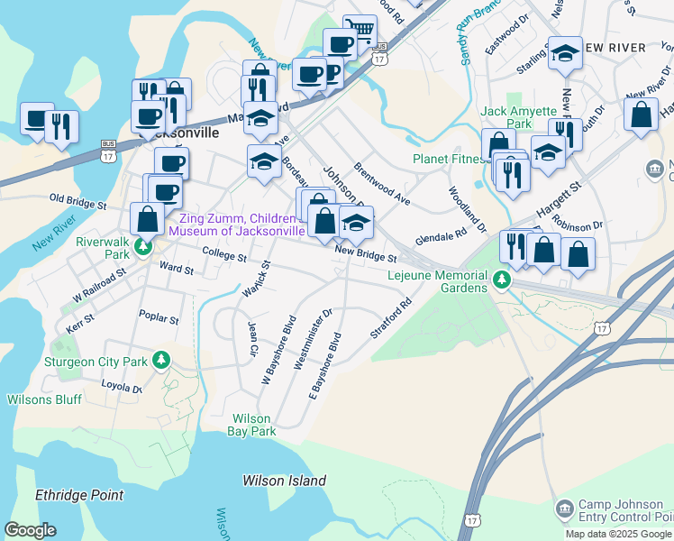 map of restaurants, bars, coffee shops, grocery stores, and more near 207 Bayshore Boulevard West in Jacksonville